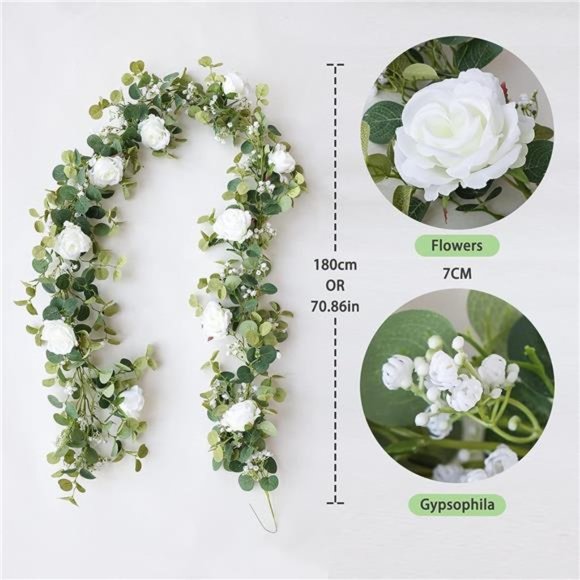 5.91FT Artificial Eucalyptus Garland with Flowers, Fake Rose Gypsophila Garland - Picture 2 of 7